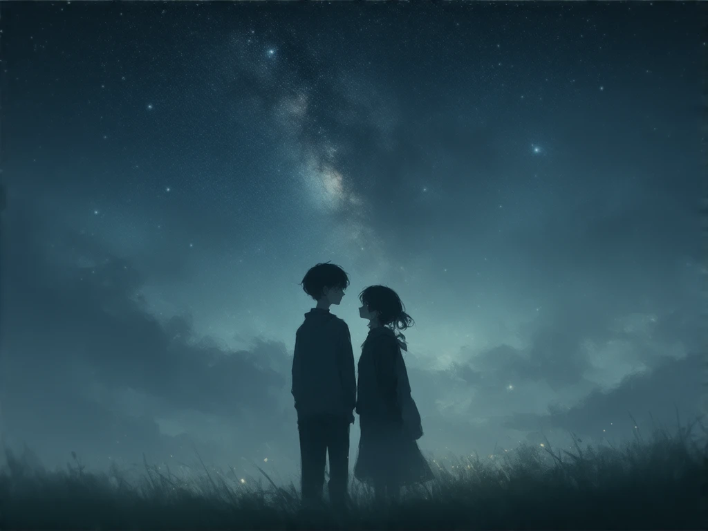 Illustration of a man and woman looking up at a starry sky、Anime/manga style