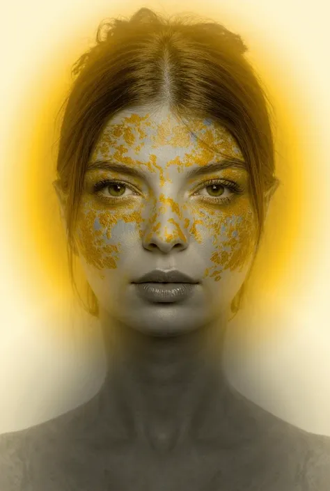 A black-and-white photograph of an elegant woman with mustard yellow and periwinkle paint brush strokes on her face. The background is a light mustard circle. The overall image has a minimalist style.