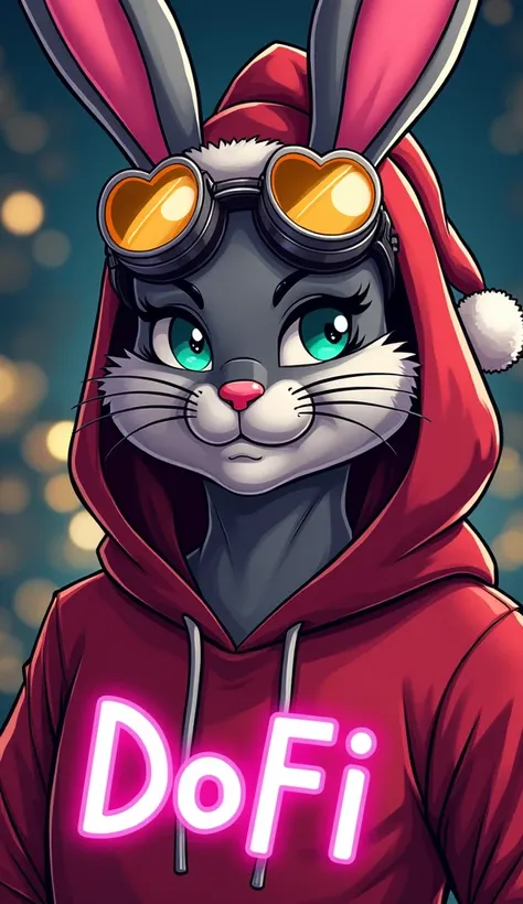 strong bunny man, santa hat, text name DOFI , gold black pink, neon lights, santa hood,  better quality ,  smug face , Determination,  The character design ,   Heart-shaped glasses ,  Headband ,  Eye with bandage ,  Pink hair band,  head goggles , 