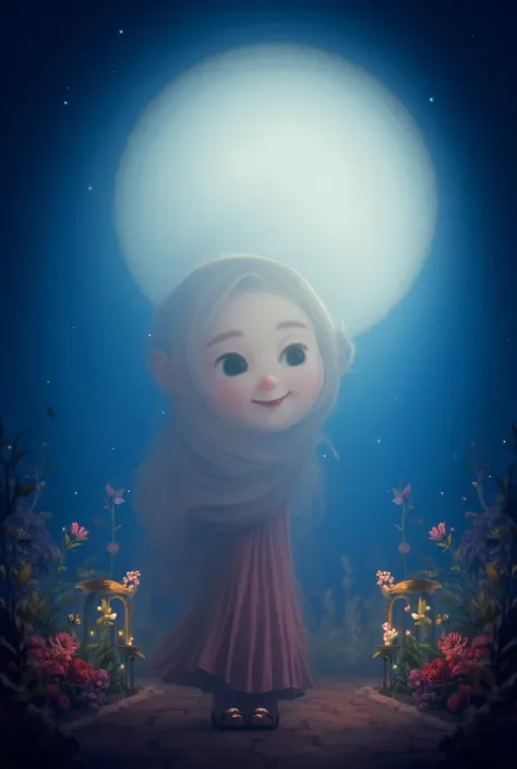 Close Close-up clear picture of a Muslim one cartoon girl,girl standing front of full moon,  shinning stars, see the moon, beautiful shinning moon,back view of girl,smiling, blushing,lamp ,starry night,fot ,shinning stars ,shinning birds ,beautiful near Is...