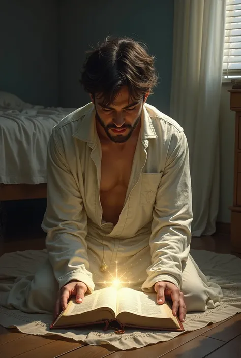  a young man in his pajamas praying kneeling in his room, with the Bible open and Jesus praying with him by his side. 