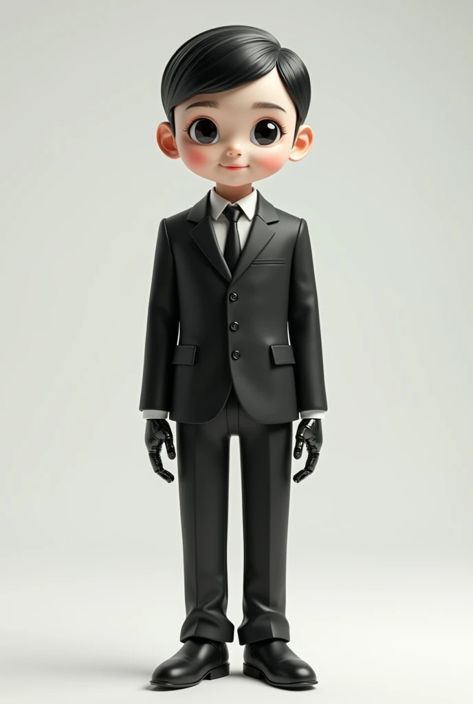 a young robot Who has black hair and looks fair. He is wearing a black suit and a watch in his hand. He is wearing black pants and black shoes. Looks very cute