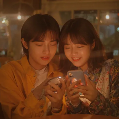 Man and woman having fun looking at smartphones