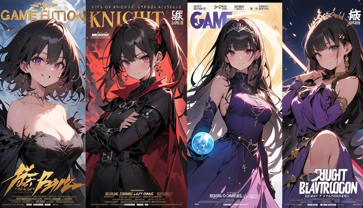 (5 minute split screen , created on 5 pages,game),( beautiful girl : 1.3),5 girls, abstract expressionism ,(dark purple dress , tiara ,Cape,belt,knight,armor,elbow_ gloves, gauntlet,Arm guard, earrings for women with first name, boots, with a crystal ball ...