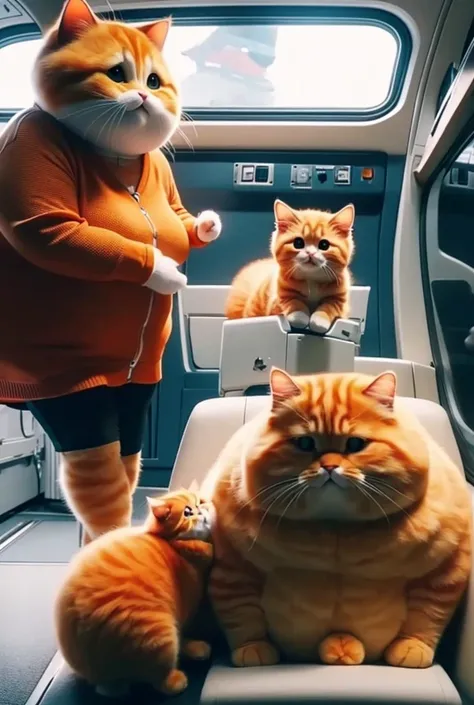 An orange chubby cat and its chubby orange kitten travel from the airport Sitting inside the airplane, looking out the window