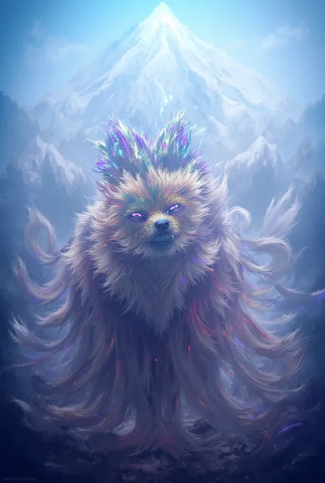 true-fairy-tale,  fox has nine tails , purple eyes ,  shaggy rainbow-colored fur,  tails to the mountain, 