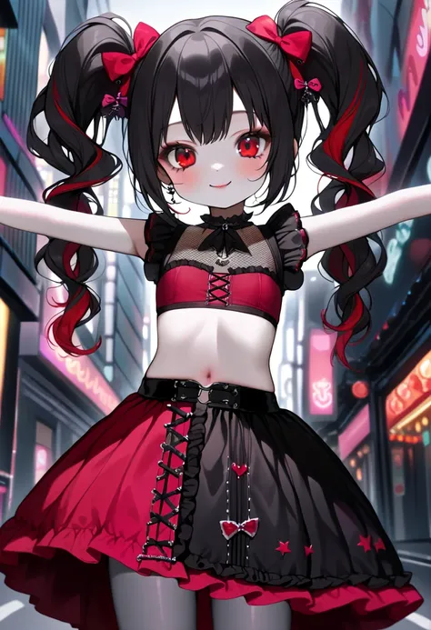 (masterpiece, best quality),(girl standing on the rotary in front of road),
solo,(cute, kawaii,little-girl,loli,smile,hair floating,black hair and mesh by white,twin tail hair,pale skin,eyes are red,tight tube top,breast,,dynamic pose,bust shot,stomach see...