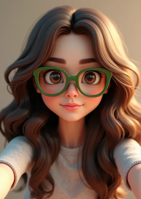 High quality 3d image 、ティーンエイジャーの大きなウェーブヘア,  Big brown eyes,  big wavy hair of a teenager wearing moss green glasses 、 taking selfies
