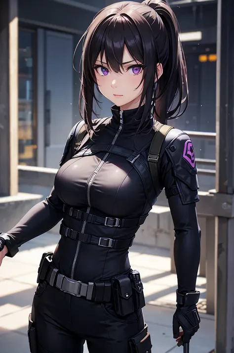 8k resolution,(( top quality )), super high res,Adult female, Alone,  sexy, ( is staring), ( purple eyes),  beautiful symmetrical face , (Black long ponytail),Black combat vest,Combat Suit, suit pants, realistic :1.4, realistic :1.4,(  Masterpiece  :1.2), ...