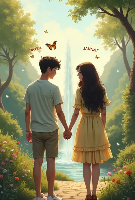 A young man and a beautiful young woman hold hands in a beautiful garden, a fountain flows from a hill in front, butterflies fly overhead, "NAYEM" is written above the young mans head. "JANNAT" written above the head.