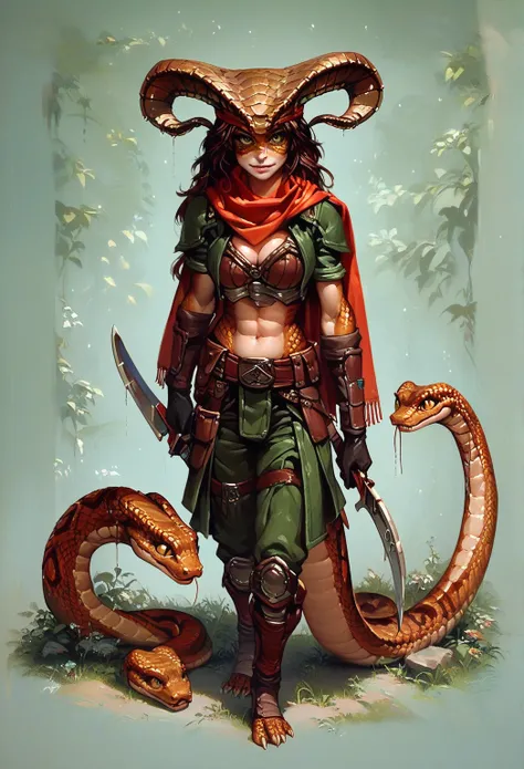 diterlizziartai, adult female, ram horns, pale skin with tribal patterns, scaly skin, snake eyes, full body view, rogue armor, scarf, sickle weapon