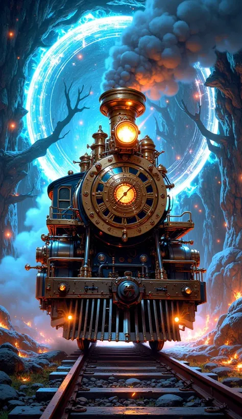 a steam train coming out of a portal. the train has a clock on its front. the portal it comes out from is magical and glows brightly.