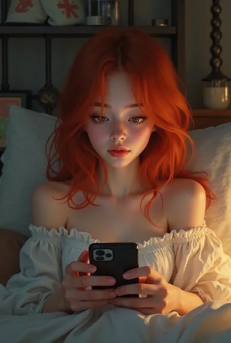 A red-haired woman in her room looking at the mobile phone 