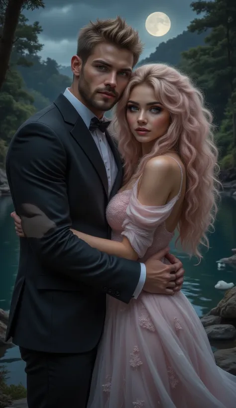 masterpiece, 8k, HDR, 3D, best quality, photograph, analog style, real life, extremely beautiful, (highly detailed, intricately detailed), (highly detailed skin), (alluring eyes), an image of light and darkness a lake a forest (2 characters), (1man and 1fe...