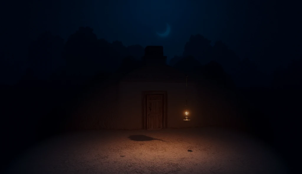 generate an inner image of A modest village house with clay walls and a small wooden door. The surroundings are dark, illuminated only by the faint glow of a crescent moon. A simple oil lamp hangs near the door, barely lighting the small veranda. The air i...