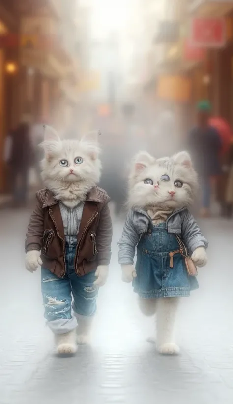 Baby Cats Walking Upright on a Busy Shopping Street
Two white baby cats are walking upright and forward along a bustling city shopping street. One wears a trendy leather jacket with ripped jeans and sunglasses, while the other sports a denim dress with a c...