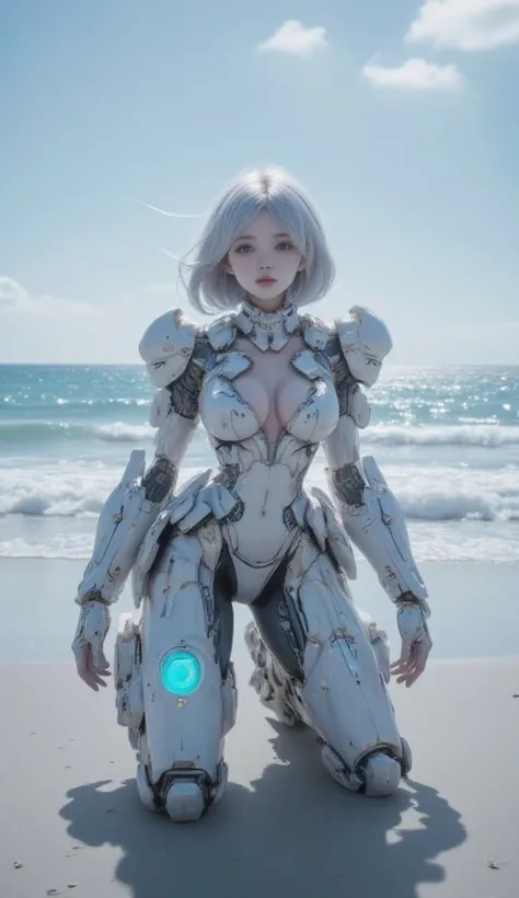  Cute Female Robot  , heavy weapons,  Glowing Joints and Gaps  , 新  super detailed  ,  brightly colored  ,  dynamic pose,  highly detailed face and eyes  , Intricate mechanical design with light blue joints and gaps glowing , Glowing Parts 、 amazing on the...