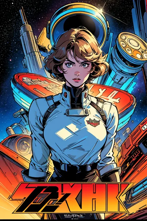 (((Top Quality Masterpiece ))),(((solo:1.2))),((( 1 woman :1.2))), 32K Highly Detailed Wallpaper , Retro Vintage Style ,(dynamic Angles),(((Overwhelming highlights))),((most complex machine)), American comics with a very flashy color scheme,80s space thril...