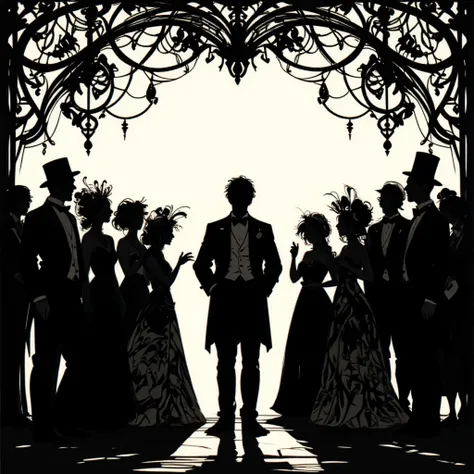 "A charming silhouette of a comedian performing and entertaining a group of people. The scene is set in a joyful gathering during the Belle Époque era, with the comedian in the center, wearing a period-appropriate costume, such as a tuxedo or a comedic out...