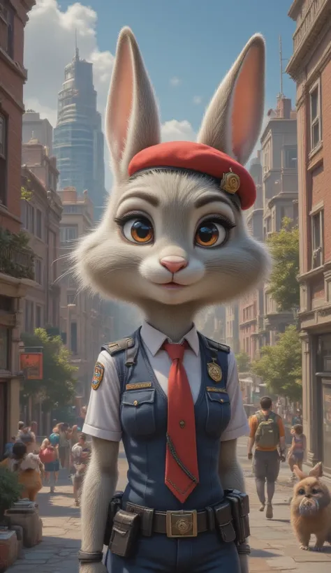 masterpiece, 8k, HDR, 3 D, best quality, photography, analog style, real life, extremely beautiful, (highly detailed, intricately detailed), An anime image In the heart of the vibrant city of Zootopia, a young white rabbit wearing a red beret named Judy Ho...