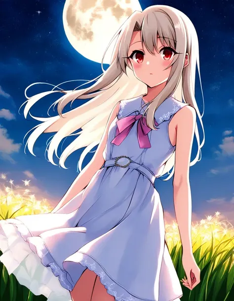 an anime girl is on a grassy field under a full moon shining bright above, 1girl, solo, long hair, dress, illyasviel von einzbern, red eyes, sky, star (sky), night, starry sky, sleeveless dress, white dress, moon, white hair, outdoors, sleeveless