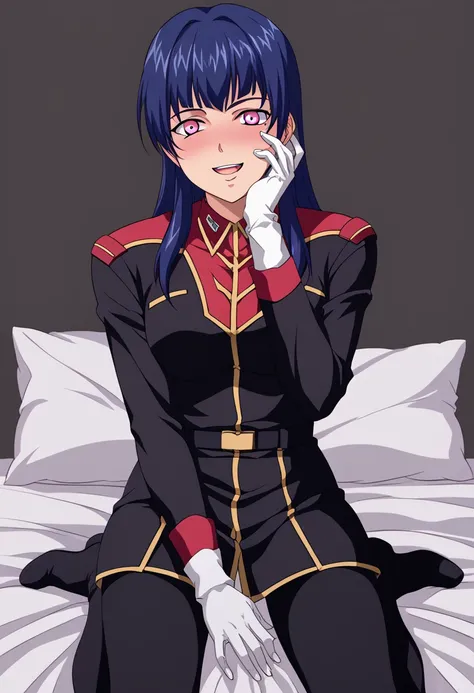 score_9、 score_8_ up、 score_7_ up、Refined details 、  source anime、 {{{{  Titan Costume }}}}、  1 girl、Nikki Taylor、 blue hair、 long hair、 pink eyes、 black uniform、  Long Sleeve  、 White Glove、 、  Black Knee High Socks、Knee Boots、  Black Bed  room、  closet i...