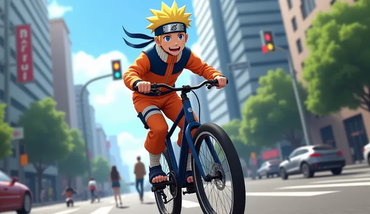 Create a realistic image of Naruto riding a bike 