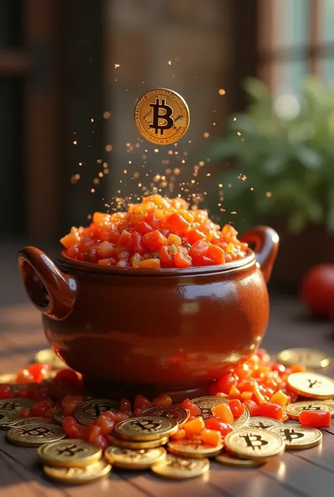 A traditional Korean kimchi pot overflowing with Bitcoins, representing the Kimchi Premium phenomenon.