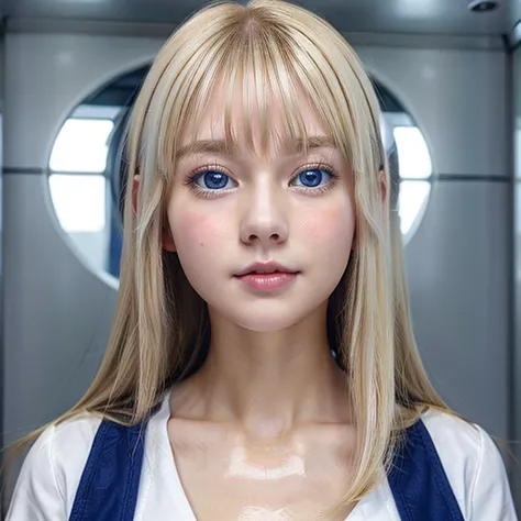 Very white shiny beautiful skin 、 people in the hot water room 、 blonde hair color that changes with light 、 long bangs block view 、 Gloss Highlights on Cheeks 、very beautiful lovely cute gorgeous face、The most beautiful face in the world、 super long super...