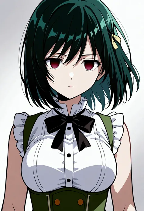 1girl,shioriko mifune, underbust,breasts,((empty eyes)),((serious, expressionless)), closed mouth,,green corset