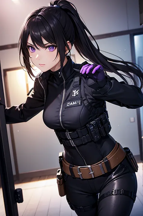 8k resolution,(( top quality )), super high res,Adult female, Alone,  sexy, ( is staring), ( purple eyes),  beautiful symmetrical face , (Black long ponytail),Black combat vest,assassins catsuit, suit pants, realistic :1.4, realistic :1.4,(  Masterpiece  :...