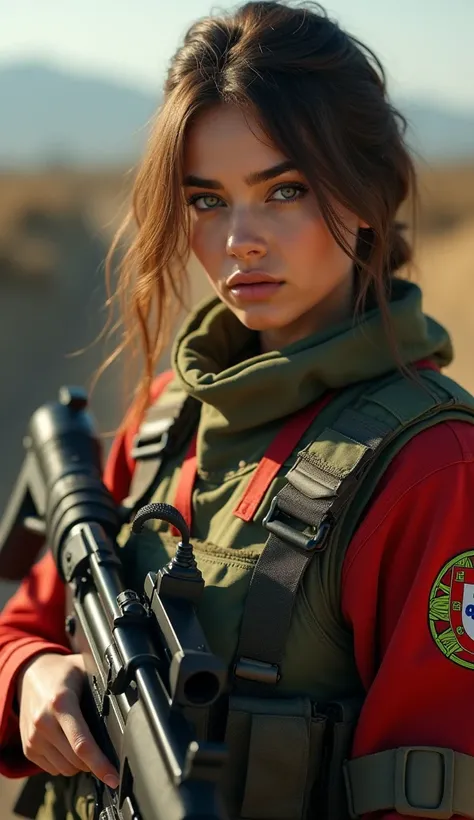 The words “Portugal armband, A female soldier, facial portugal woman, 22 yo, holding an a machine gun mounted on hammer truck, full battle gear, ((masterpiece, highest quality, Highest image quality, High resolution, photorealistic, Raw photo, 8K)), ((Extr...