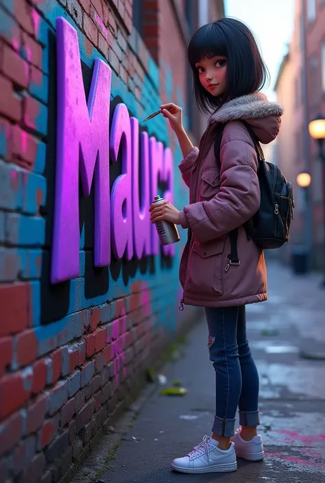 Charming 3D illustration featuring a beautiful Asian Girl in urban clothing, skillfully painting graffiti on a textured and dilapidated brick wall. She confidently holds a can of spray paint, creating the bold, purple-colored words "Maura" written in three...