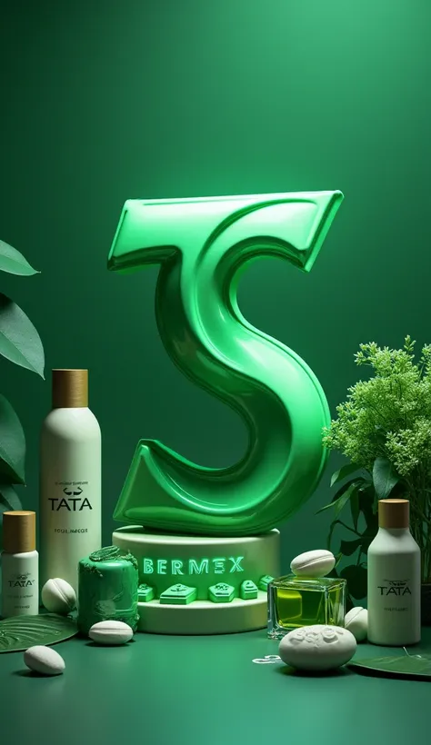 Je veux un logo 3D des lettres T et S mélangées en couleur verte et écris en bas du logo tata’s secrets  autour du logo  des pots de lait du corps et des bouteilles de parfum de marque internationale