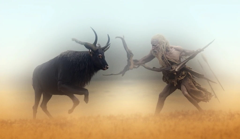  a black deer stabbing  an ancient african hunter with its horns in the stomach wide shot