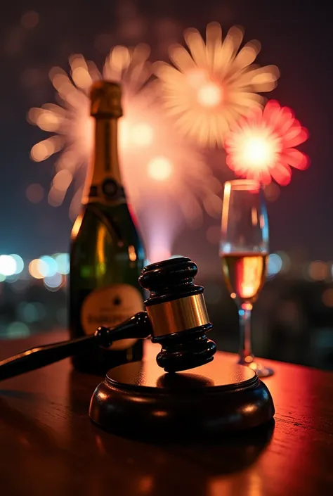 An auctioneers hammer ,  a bottle of champagne with glasses, Fireworks in the background, New Year&#39;s Eve party 