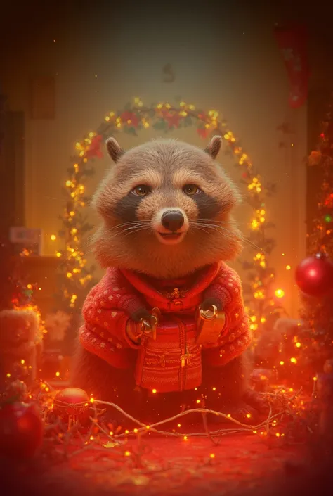 A raccoon celebrating a family Christmas 