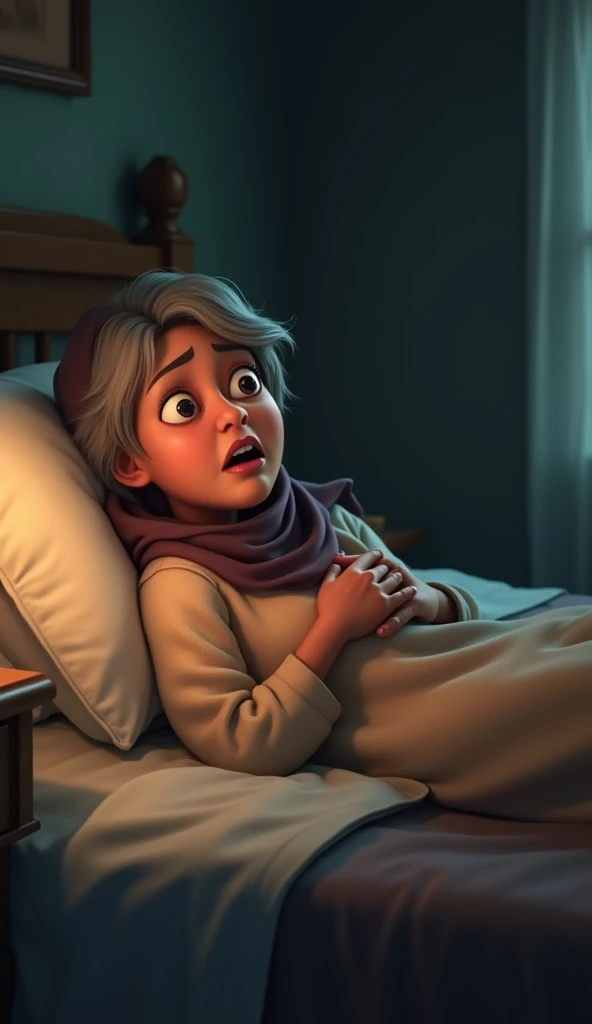 Location: Khadija’s bedroom, dimly lit.
Action: Khadija lies weakly on the bed, clutching her chest, her breaths shallow.
Expression: Pain mixed with peace.
Mood: Somber and emotional.Age: 55 years.
Height: 53", slightly hunched due to age.
Appearance: Gra...