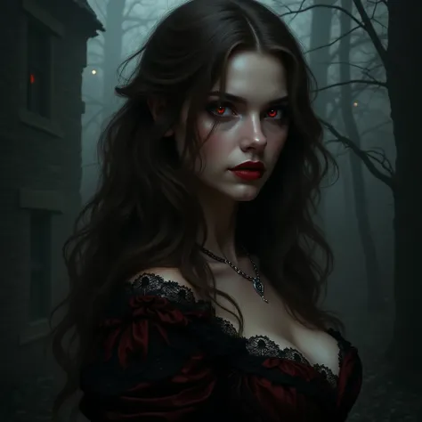 Create extremely realistic and detailed art of Carmilla,  Sheridan Le Fanus classic vampire ,  alone in a nighttime scene.  She must be portrayed as a beautiful and seductive woman ,  with long flowing brown or black hair ,  pale skin and intensely red eye...