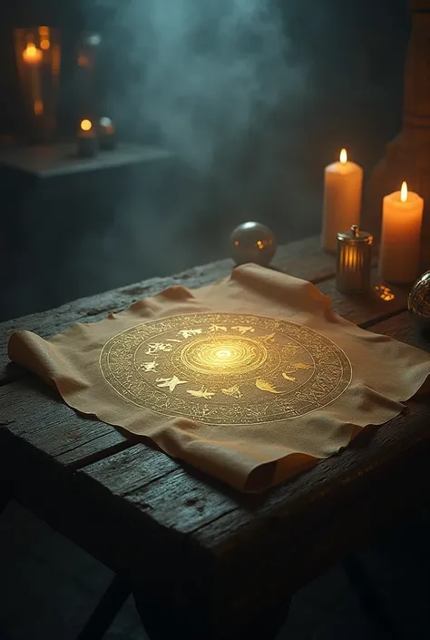 " Ancient scrolls with mystical symbols shining weakly in gold and silver, scattered on an old wooden table .  A central symbol of the all-seeing eye emits a faint golden aura .  The scene is dimly lit by flickering candles ,  with a faint mist creating a ...