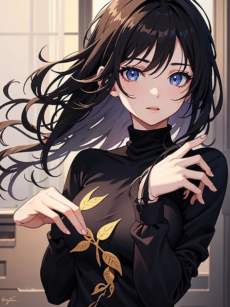 [Female, solo, 1girl, mature, mature female, adult, slender, huge breasts], [black hair, short hair, hair between eyes, bangs between eyes, messy hair, curly hair, small ahoge], [brown eyes, hazel eyes, oval eyes, long eyelashes], [black turtleneck sweater...