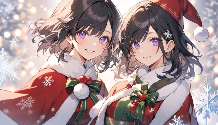   Christmas，Alone，  medium hair ，black hair on the tips，  purple eyes ，smile， Adult female，  Snowflake  ， The clothes are white