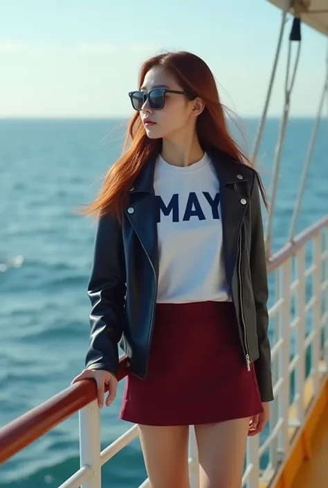 Visual image of a young Korean-faced woman wearing a white T-shirt reading MAY,  lined black leather jacket ,   straight long windblown red blonde neckline ,  wears maroon red box mini skirt , wearing sunglasses, wears modern casual shoes , standing on the...