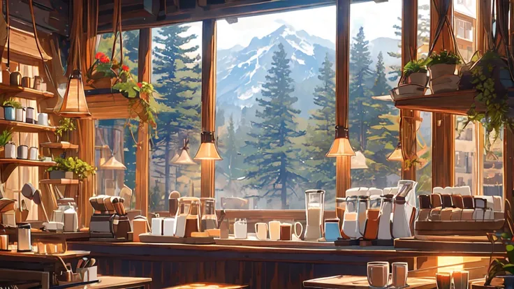  A warm, dimly lit wooden café interior. The room features a single fireplace and a few potted plants, creating a gentle and relaxing atmosphere. Outside the window, snow is falling, revealing a stunning view of snowy mountains and natural scenery. On the ...