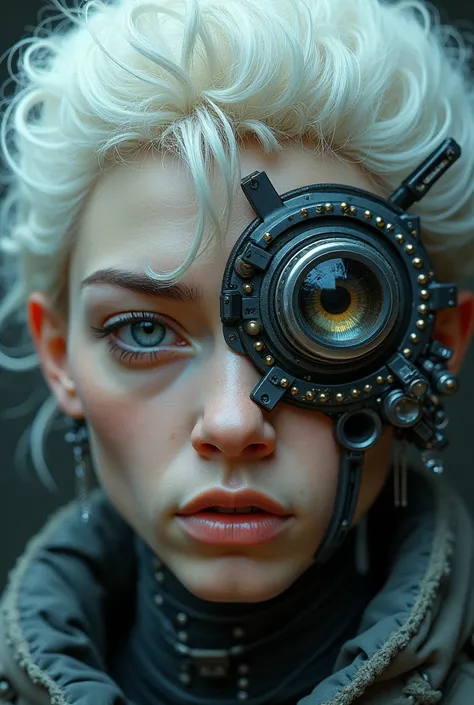  Human faces with cybernetic implants ,  ultra-detailed mechanical eye , rowdy white hair ,bushy eyebrows  ,  hyperrealism cinematic 4k  