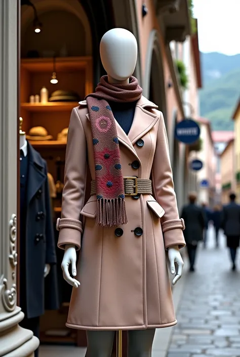 Clothing shop in Kotor wearing a mannequin Wearing a winter coat and a beautiful scarf, 8 k,  masterpiece fails,  maximum quality,  better quality ,  complicated details, 