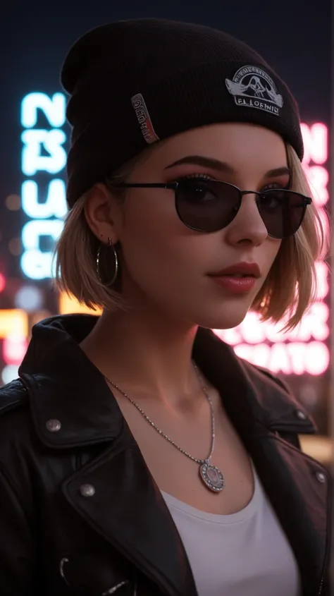 Face close up, alternative girl, watching over black sunglasses, jacket, necklace, neon light reflections on skin, ear ring, makeup, skin imperfection, short hair, beanie, neon lights background, low light, depth of field, highly detailed, high contrast, f...