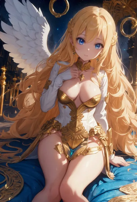 divine empire guarded by angels girl, blond long curly hair blu easy dream citadel,golden walls decorated with gems of different colors and shapes, streets paved with gold,rivers of Tourmaline , castillo de cristal,cielo estrellado