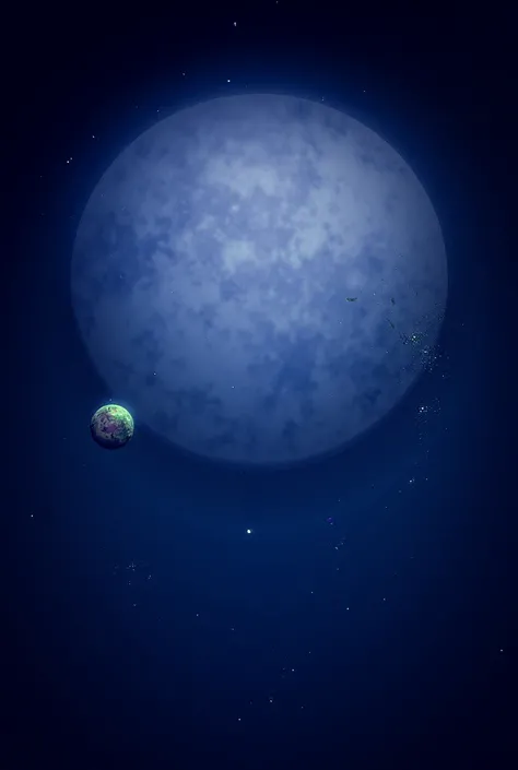 There are two planets , A large, white planet ,  orbited by a green and purple moon, full of vegetation  