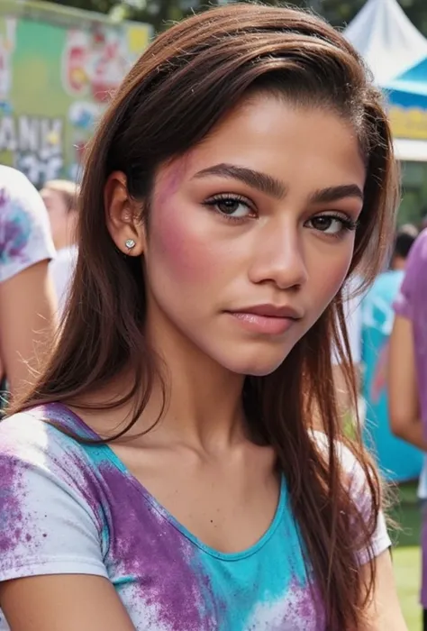 Beautiful latina girl at holi paint festival, ((festival of colours:1.4)), (paint) , colorfull, ((face colored)), (group of people on the background), ((holi festival:1.4), ((big smile)), happy, . a slight seductive look. 